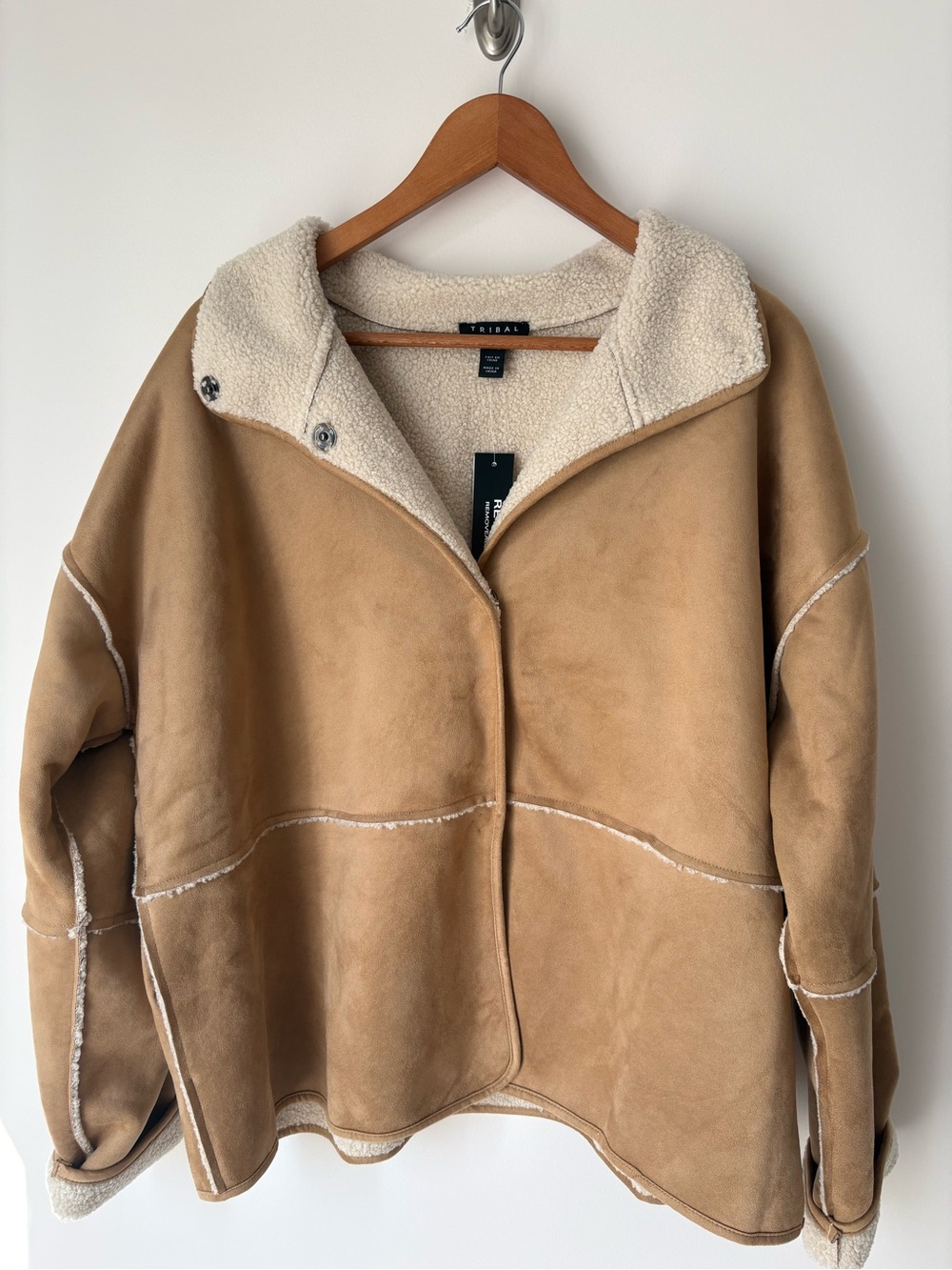 Tribal Cream Faux Shearling Jacket with Camel Suede Trim - Reversible!